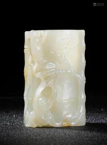 CHINESE WHITE JADE MONKEY AND BAMBOO BRUSH POT