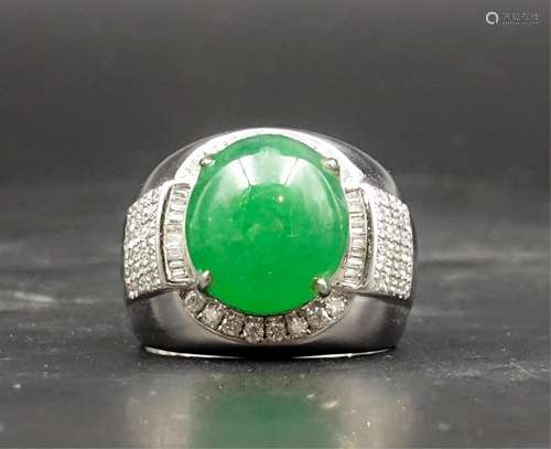 CHINESE JADEITE AND DIAMOND ON WHITE GOLD RING