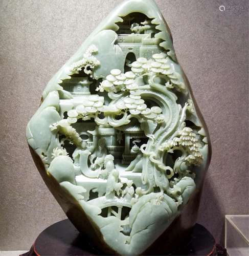 CHINESE CELADON JADE BOULDER CARVED PINETREE MOTIF