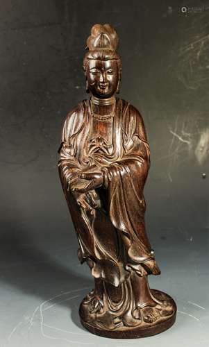 CHINESE ZITAN WOOD CARVED FIGURE OF GUANYIN