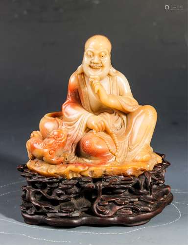 CHINESE SOAPSTONE FIGURE OF LOHAN WITH STAND