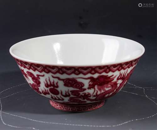 CHINESE RED GLAZED DRAGON BOWL WITH MARK