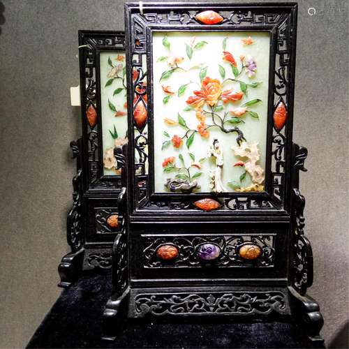 PAIR CHINESE ROSEWOOD TABLE SCREENS W/ JADE INLAID