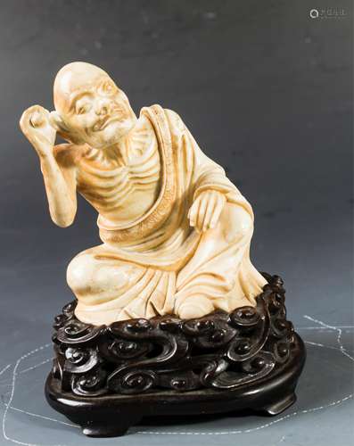 CHINESE SOAPSTONE FIGURE OF LOHAN WITH STAND