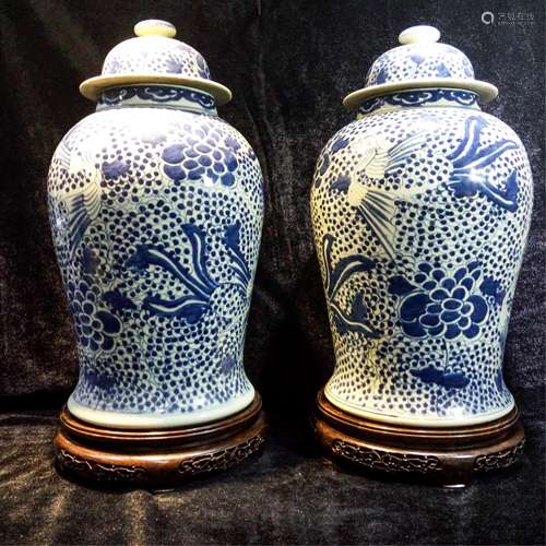 PAIR OF CHINESE BLUE AND WHITE PHOENIX GINGER JARS