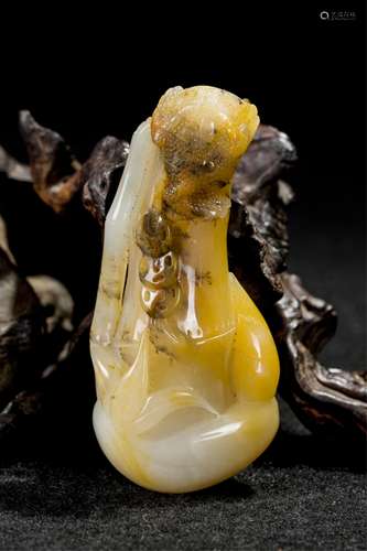 CHINESE AGATE CARVED DRAGON ON BAMBOO