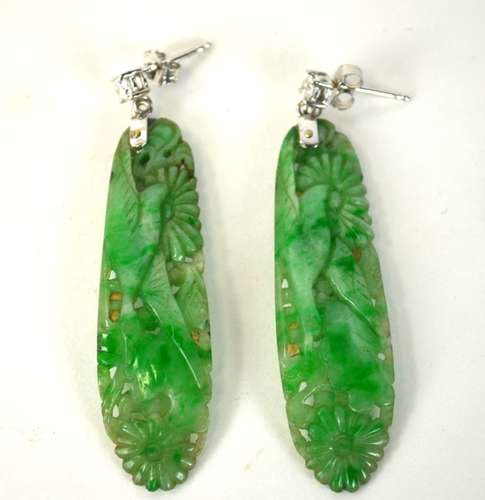 Pr Antique Chinese Carved Jadeite Earrings