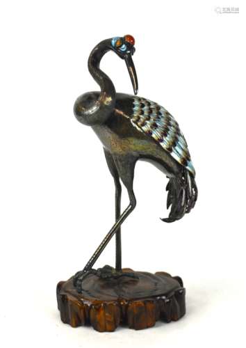 Chinese Silver Enamel Crane On Wood Stand