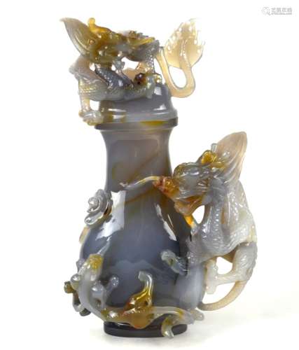 Chinese Carved Agate Vase with Cover & Dragon