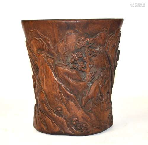 Chinese Carved Wood Brush Pot