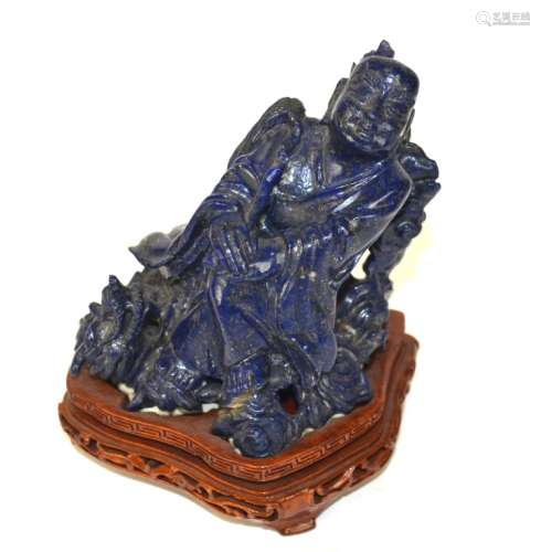 Chinese Carved Lapis Figure on Wood Stand