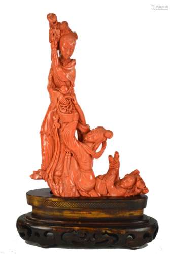 Large Chinese Carved Red Coral Figural Group