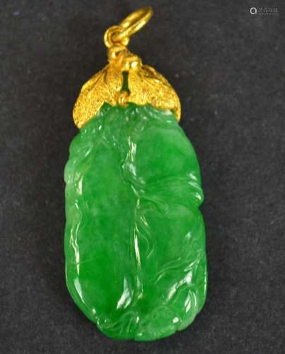 Cert. 24K Gold Mounted Green Jadeite Pendant