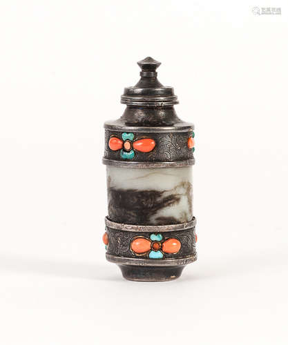 19th Chinese Antique Thumb Ring Shape Snuff Bottle清晚期 扳指包銀鼻煙壺