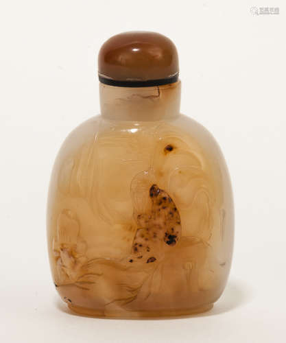 19th Chinese Antique Carved Shadow Agate Snuff Bottle清晚期或民國 瑪瑙巧雕高士鼻煙壺
