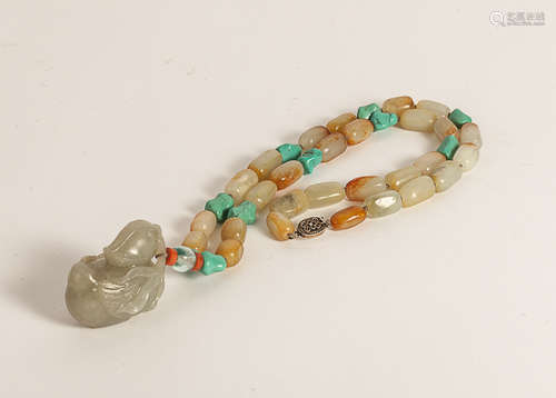 19th Chinese Antique Jade Toggle on Jade Necklace清中晚期 籽玉留皮項鏈墜白玉鴛鴦