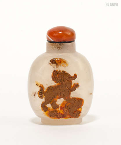 19th Chinese Antique Carved Honey Agate Snuff Bottle清晚期 瑪瑙巧雕麒麟獻瑞鼻煙壺