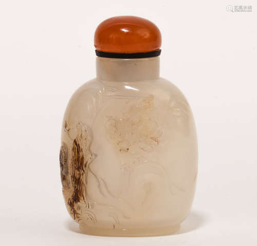 19th Chinese Antique Carved Shadow Agate Snuff Bottle清晚期或民國 瑪瑙巧雕松下高士鼻煙壺