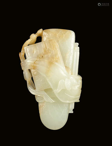 19th Chinese Antique Jade 'Four Scholarly Pursuits' Carving.清 白玉留皮雕琴棋書畫