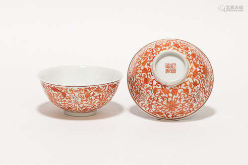 19th A Pair of Chinese Antique Rose Famille Porcelain Bowls清道光款 珊瑚紅折枝紋碗一對