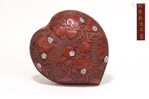 Chinese 18th Antique Carved Wood Box & Jade Flowers清 剔紅嵌白玉盒