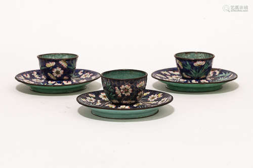 Set of 19th Chinese Antique Cloisonne Enamel Tea Cups with Plates清 銅胎畫琺瑯彩茶具一組