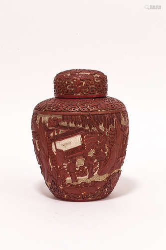 19th Chinese Antique Wood Carved Jar with Cover清晚期 漆雕人頭罐