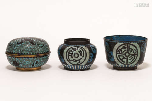 Set of 19th Chinese Antique Cloisonne Enamel Ink Box & Jar & Cup清晚期 掐絲琺瑯一組