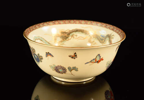 Japanese Satsuma Bowl with Dragon and Landscape