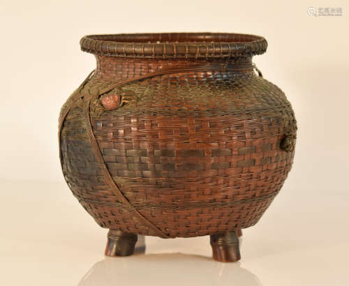 Japanese Bronze Woven Vase with Crab and Fish Décor