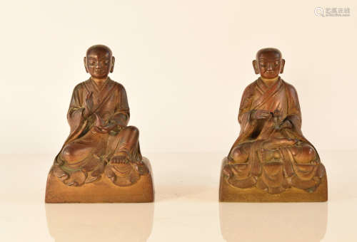 Pair Chinese Bronze Seated Lohan on Square Base 18th cen