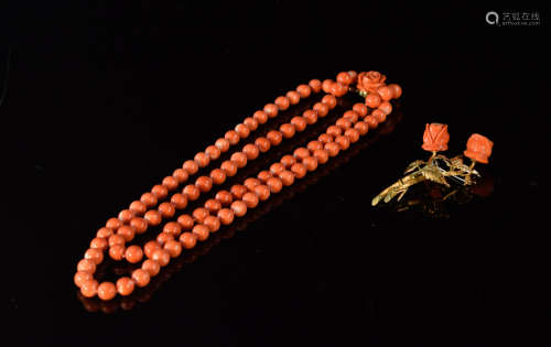 Coral Necklace and Pin Set - Rose 14K gold