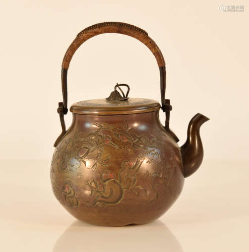 Japanese Bronze Teapot with Monkey Scene