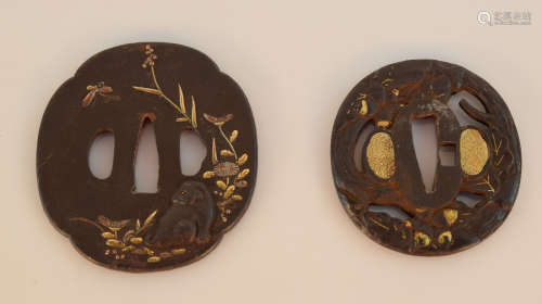 Group of Two Japanese Iron Tsuba with Mixed Metal Inlay
