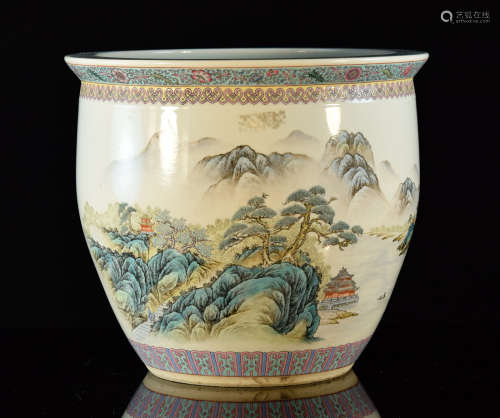 Chinese Porcelain Fish Bowl with Landscape Scene