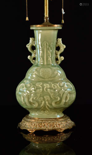 Chinese Celadon Porcelain Vase Lamp