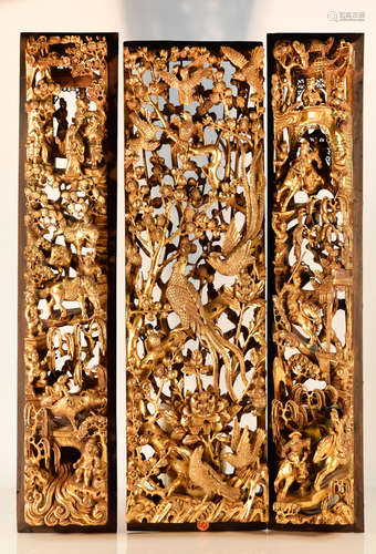 Three Chinese Gilt Wood Panels with Birds Scene