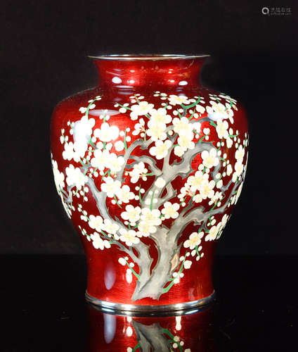 Japanese Pigeon Blood Cloisonné Vase with Cherry Blossom Motif