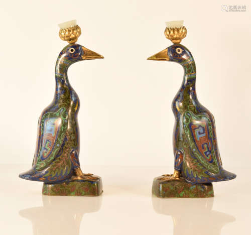 Pair Chinese Cloisonné Duck with White Jade Candle Holder