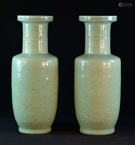 Pair of Chinese Celadon Porcelain Vase with Dragon Motif