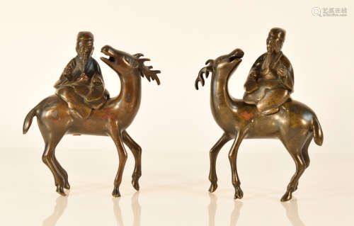 Pair Chinese Bronze Deer with Shoulao