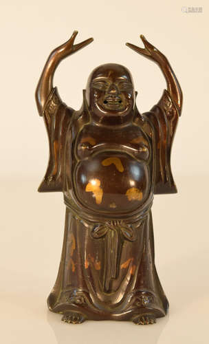 Chinese Standing Bronze Laughing Buddha - Gold Splash