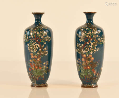 Pair Japanese Cloisonné Vases with Blue Background