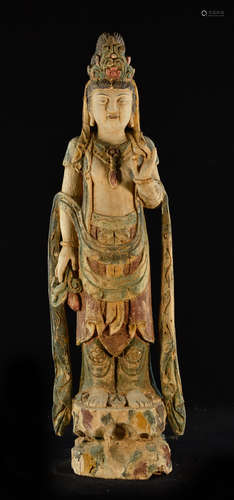 Chinese Standing Wood Kuanyin with Polychrome Decoration