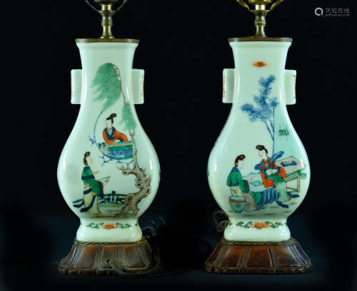 Pair Chinese Wucai Porcelain Hu Vases