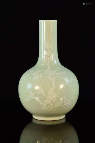 Chinese Celadon Porcelain Tianchung Vase with Floral Bird Motif