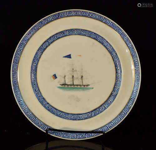 Chinese Export Porcelain Round Dish with Ship Scene