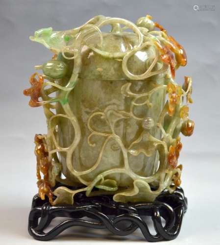 Fine Carved Natural Jadeite Covered Jar w/Stand
