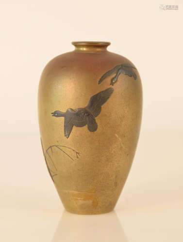 Japanese Bronze Mixed Metal vase with Goose Scene
