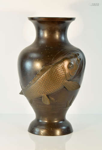 Japanese Bronze Vase with High Relief Carp Scene